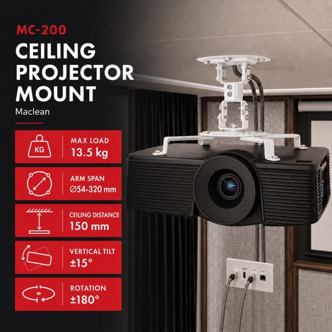 Maclean Ceiling Mount/Hanger for Projectors, 54 320 mm, up to 13.5 kg, 360-degree rotation, MC-200 W