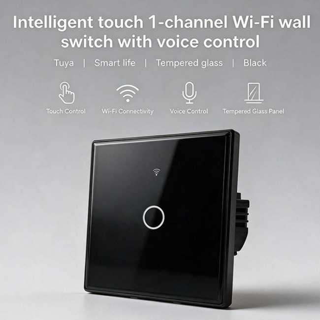 Qoltec 52711 Smart Touch 1-Gang Light Switch | Wi-Fi | Timer | Tuya | Smart Life | Tempered Glass | Black