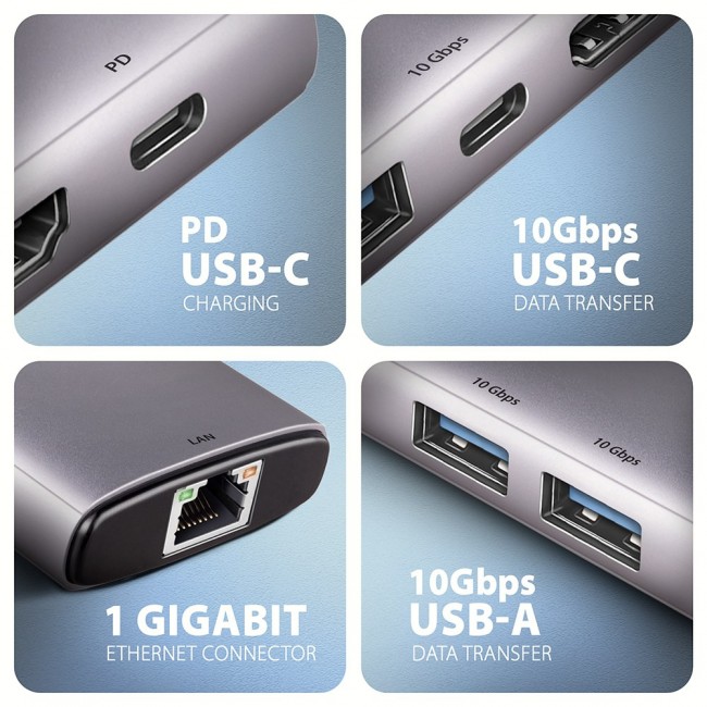 Axagon HMC-6G2L USB 10Gbps hub, 2x USB-A, 1x USB-C, HDMI 4k/60Hz, RJ-45, PD 100W