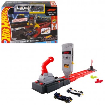 Hot Wheels City Racing Formula 1 Grid Start Track Set & 2 Die-Cast F1 Cars in 1:64 Scale