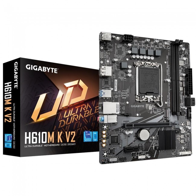 GIGABYTE H610M K V2 Motherboard - Intel Core 14th CPUs, up to 5600MHz DDR5, 1xPCIe 3.0 M.2, 1GbE LAN, USB 3.2 Gen 1 GIGABYTE H610M K V2 Motherboard - Intel Core 14th CPUs, up to 5600MHz DDR5, 1xPCIe 3.0 M.2, 1GbE LAN, USB 3.2 Gen 1