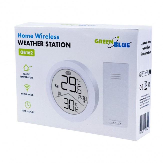 GreenBlue wireless weather station, IN/OUT temperature, clock, C/ F selectable, range up to 60 m, GB162