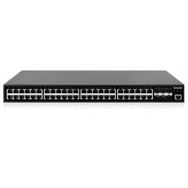 Intellinet 48-Port Gigabit Ethernet PoE+ Layer 2+ Managed Switch with Six 10G SFP+ Uplinks IEEE 802.3at/af (PoE+/PoE) Compliant, 450 W PoE Power Budget, Layer 2+/Layer 3 Lite, 6 x 10G SFP+ Open