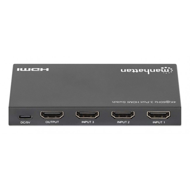 Manhattan 4K@60Hz 3-Port HDMI Switch, Switches Between Three HDMI Inputs on One HDMI Output (3x1), 18G, Automatic and Manual Switching, IR Remote Control, Black