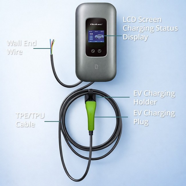 Qoltec Stacja adowania EV Typ2 do samochodu elektrycznego i hybryd | 3 fazy | 22kW | 32A | Wi-fi | LCD | RFID | Smart life | TUYA | Wallbox | 5m Qoltec Stacja adowania EV Typ2 do samochodu elektrycznego i hybryd | 3 fazy | 22kW | 32A | Wi-fi | LCD | RFID | Smart life | TUYA | Wallbox | 5m