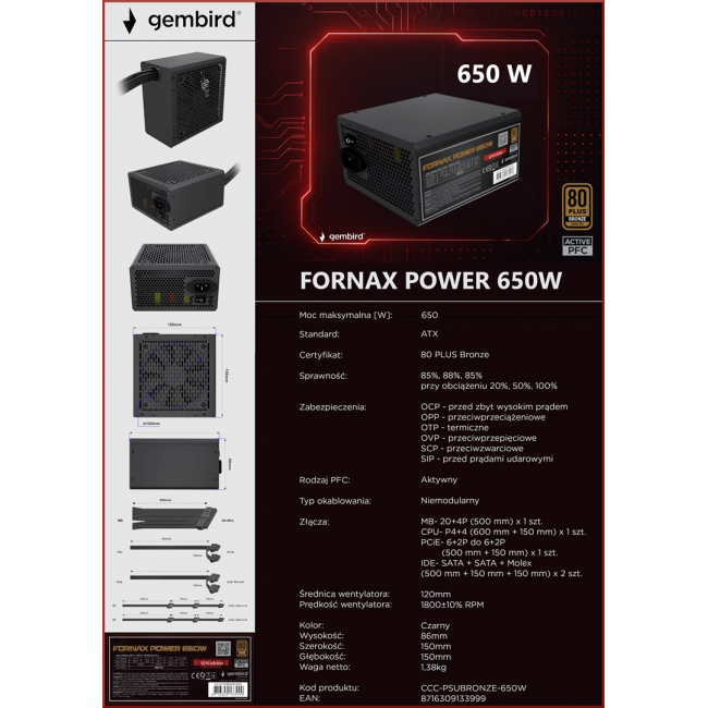Gembird CCC-PSUBRONZE-650W Power supply unit Fornax Power 650W active PFC 12cm fan 80+Bronze color box