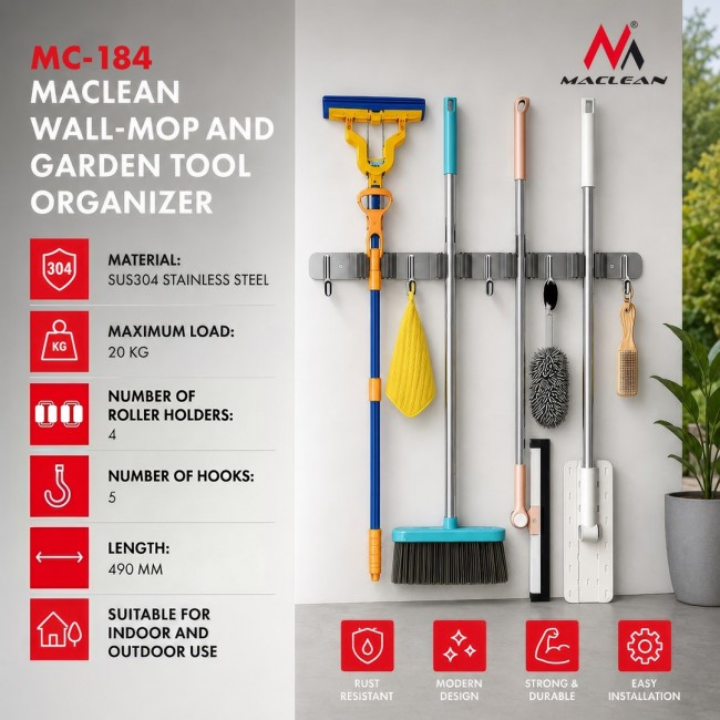 Maclean Wall-Mounted Organizer for Garden Tools and Mops, Steel, with Hooks, Max. Load 20 kg, Width 49 cm, MC-184 Maclean Wall-Mounted Organizer for Garden Tools and Mops, Steel, with Hooks, Max. Load 20 kg, Width 49 cm, MC-184