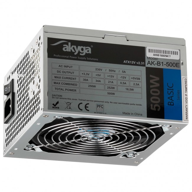 Akyga AK-B1-500E power supply unit 500 W 20+4 pin ATX ATX Grey Akyga AK-B1-500E power supply unit 500 W 20+4 pin ATX ATX Grey