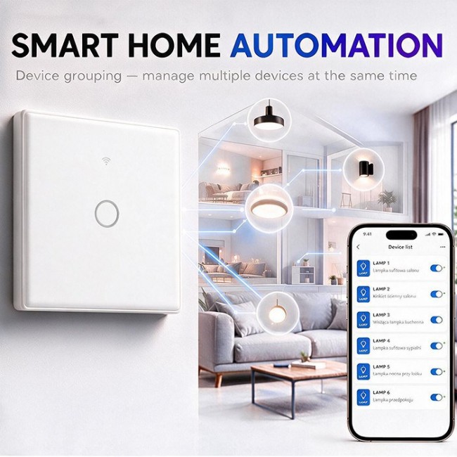 Qoltec 52715 Smart Touch 1-Gang Light Switch | Wi-Fi | Timer | Tuya | Smart Life | Tempered Glass | White