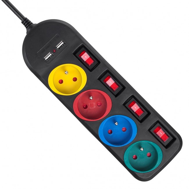 Maclean power strip, 4-socket extension cable + 2xUSB, with switches, 250VAC/10A, 2.1A 5V, 1.5m, black, MCE229 B Maclean power strip, 4-socket extension cable + 2xUSB, with switches, 250VAC/10A, 2.1A 5V, 1.5m, black, MCE229 B