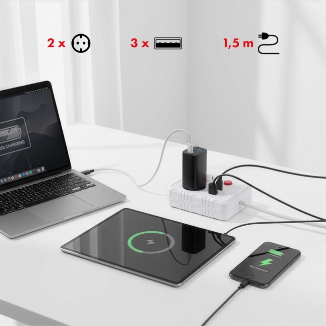 Maclean power strip, extension cord 2 sockets + 3xUSB, 110-240V AC 50/60Hz, 2.1A max 2500W, 1.5m, white, MCE387 W Maclean power strip, extension cord 2 sockets + 3xUSB, 110-240V AC 50/60Hz, 2.1A max 2500W, 1.5m, white, MCE387 W