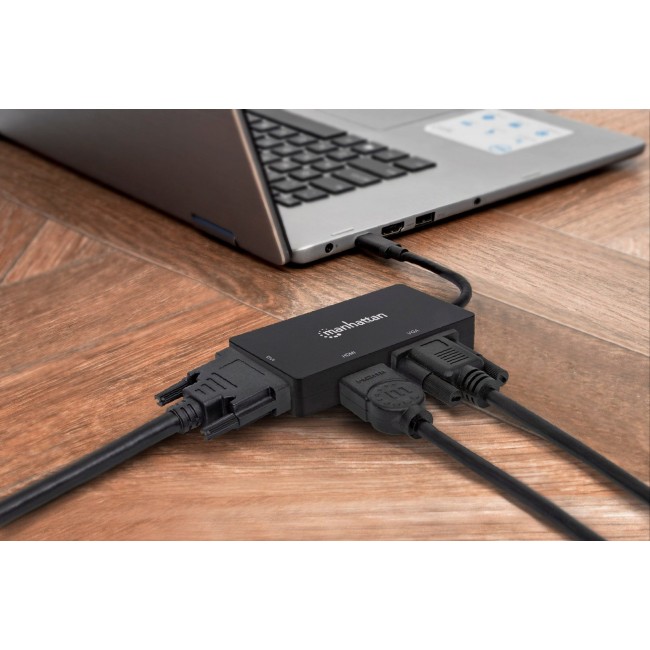 Manhattan USB-C Dock/Hub, Ports (x3): DVI-I, HDMI and VGA Ports, Note: Only One Port can be used at a time, External Power Supply Not Needed, Universal for all devices, Cable 10cm, Black, Three Year Warranty Manhattan USB-C Dock/Hub, Ports (x3): DVI-I, HDMI and VGA Ports, Note: Only One Port can be used at a time, External Power Supply Not Needed, Universal for all devices, Cable 10cm, Black, Three Year Warranty