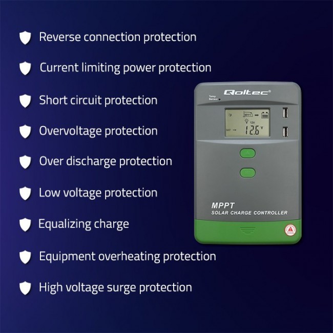 Qoltec Solarny regulator adowania MPPT z czujnikiem temperatury 10A |12V / 24V | LCD | 2 x USB | Bluetooth | APP | GEL | LiFePO4