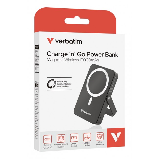 Verbatim Charge 'n' Go Magnetic Wireless Power Bank with stand - 10000 mAh Black