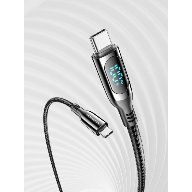 Vention Cotton Braided USB 2.0 C Male to C Male 5A Cable With LED Display 1.2M Black Zinc Alloy Type Vention Cotton Braided USB 2.0 C Male to C Male 5A Cable With LED Display 1.2M Black Zinc Alloy Type