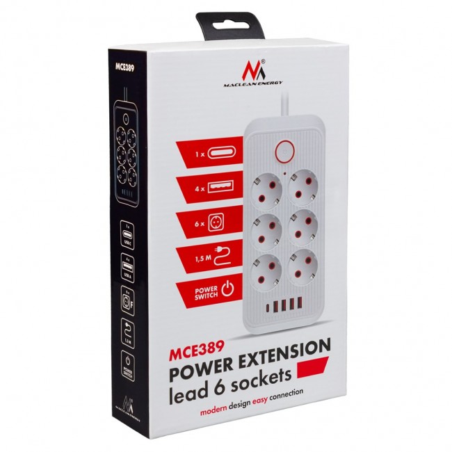 Maclean power strip, 6 socket extension + 4xUSB, 110-240V AC 50/60Hz, 2.1A max 2500W, 1.5 m, black, MCE389 B