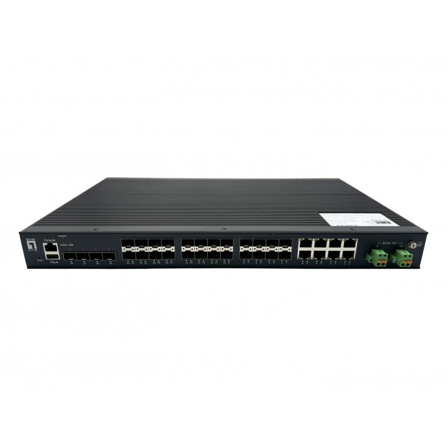 LevelOne 28-Port L2 Plus Managed Gigabit Fiber Industrial Switch, 4x 1.25/2.5GbE SFP, 16x 1.25GbE SFP, 8x Gigabit SFP/RJ45 Combo, Redundant Power Supply, -40 C to 80 C