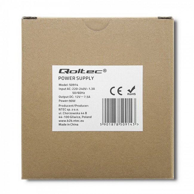 Qoltec 50914 DIN rail power supply | 90W | 12V | 7.5A | White | Slim Qoltec 50914 DIN rail power supply | 90W | 12V | 7.5A | White | Slim