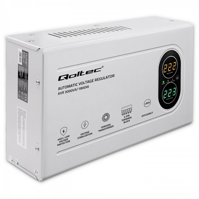 Qoltec Automatyczny Stabilizator napięcia AVR 3000VA | 1800W | Compact | Toroidalny transformator