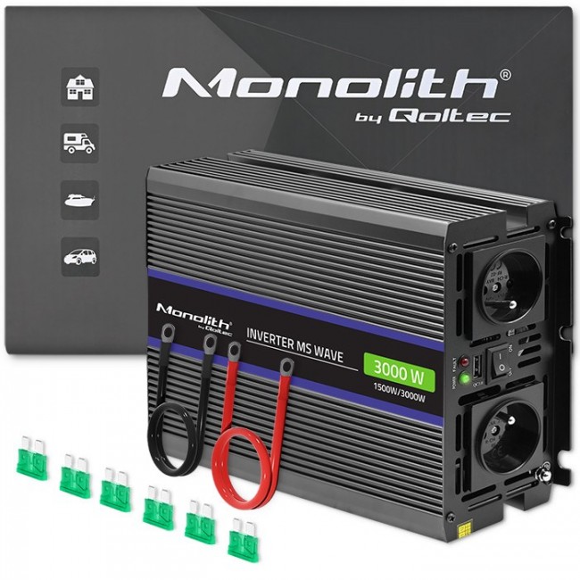Qoltec Monolith 3000 MS Wave Voltage Converter | 12V to 230V | 1500/3000W | USB Qoltec Monolith 3000 MS Wave Voltage Converter | 12V to 230V | 1500/3000W | USB