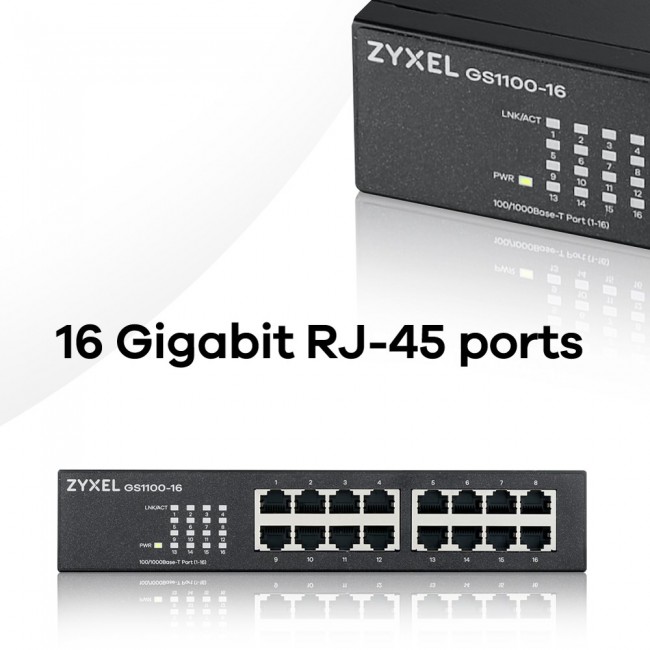 Zyxel GS1100-16 Unmanaged Gigabit Ethernet (10/100/1000) Black Zyxel GS1100-16 Unmanaged Gigabit Ethernet (10/100/1000) Black