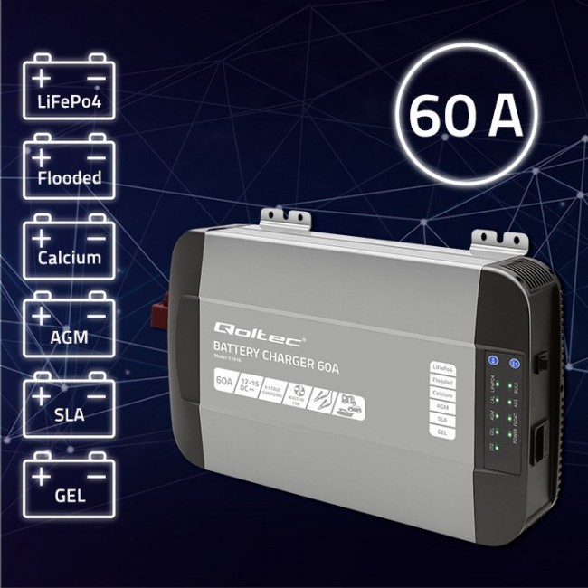 Qoltec Smart Professional Monolith Battery Charger for LiFePO4 AGM GEL SLA batteries | 60A | 12V | Fast charging