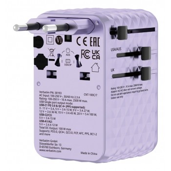 Verbatim Charge 'n' Travel 100W Universal Travel Adapter with retractable cable Purple