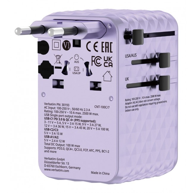 Verbatim Charge 'n' Travel 100W Universal Travel Adapter with retractable cable Purple