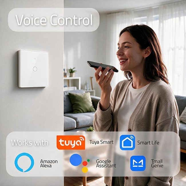 Qoltec 52715 Smart Touch 1-Gang Light Switch | Wi-Fi | Timer | Tuya | Smart Life | Tempered Glass | White