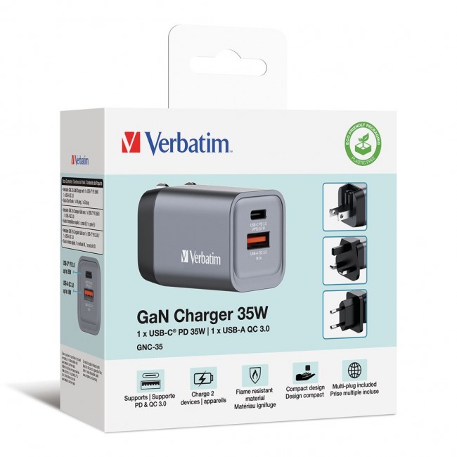 Verbatim GNC-35 GaN Charger 35W with 1 x USB-C PD 35W / 1 x USB-A QC 3.0 (EU/UK/US) Verbatim GNC-35 GaN Charger 35W with 1 x USB-C PD 35W / 1 x USB-A QC 3.0 (EU/UK/US)