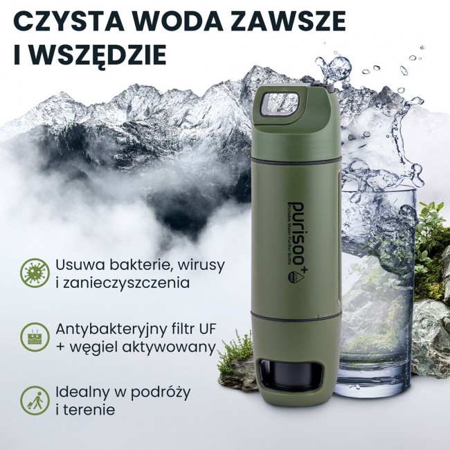 Extralink PURISOO+ BUTELKA Z SYSTEMEM FILTRUJACYM Z POMPKA 400ML FILTR UF + ACF Water filtration bottle 0.4 L Green, Olive