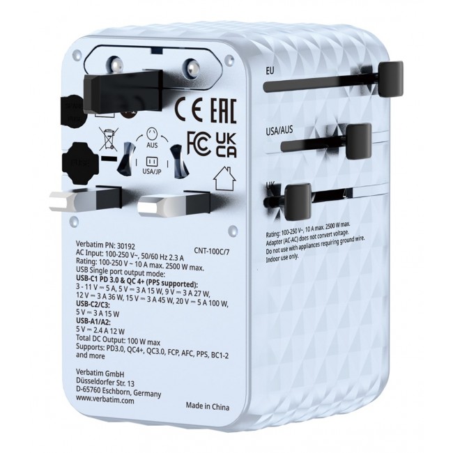 Verbatim Charge 'n' Travel 100W Universal Travel Adapter with retractable cable Blue