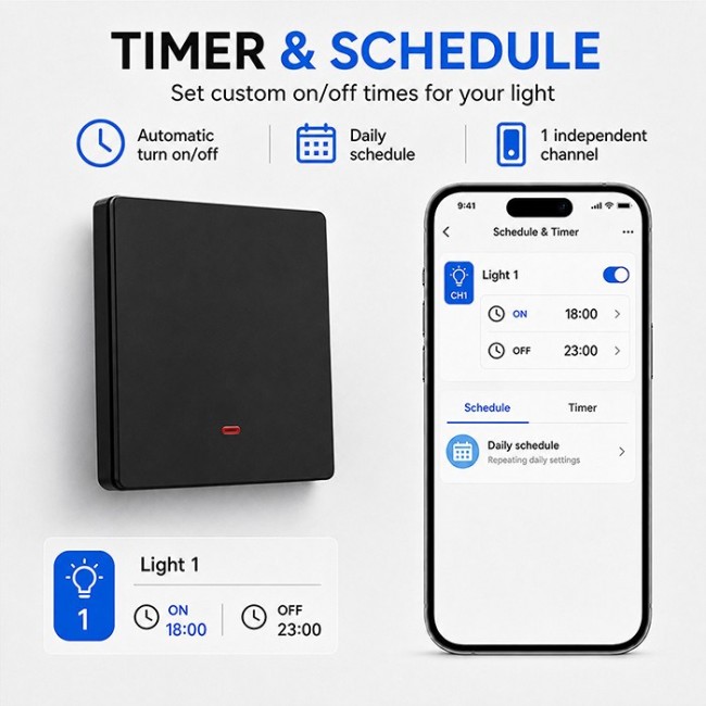 Qoltec 52722 Smart 1-Gang Light Switch | Wi-Fi | Timer | Tuya | Smart life | Black