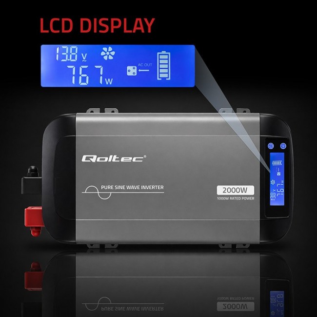 Qoltec Przetwornica napięcia Pure Sine Wave | 12V na 230V | 1000/2000W | LCD | USB | USB-C | Kompatybilna z LiFePO4 GEL AGM
