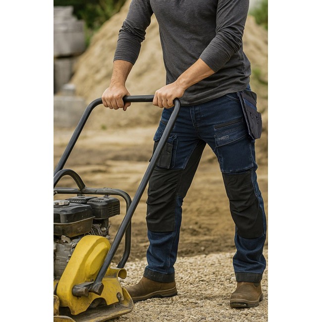 NEO TOOLS DENIM Work Trousers, Cordura Reinforcements, Detachable Holster Pockets, Navy Blue, Size M/50