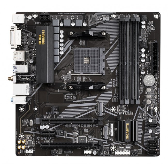 GIGABYTE B550M DS3H AC Motherboard - AMD Ryzen 5000 CPUs, 5+3 Phases VRM, up to 4733MHz DDR4, 1xPCIe 4.0 + 1xPCIe 3.0 M.2, Wi-Fi 5, 1GbE LAN, USB 3.2 Gen 1 GIGABYTE B550M DS3H AC Motherboard - AMD Ryzen 5000 CPUs, 5+3 Phases VRM, up to 4733MHz DDR4, 1xPCIe 4.0 + 1xPCIe 3.0 M.2, Wi-Fi 5, 1GbE LAN, USB 3.2 Gen 1