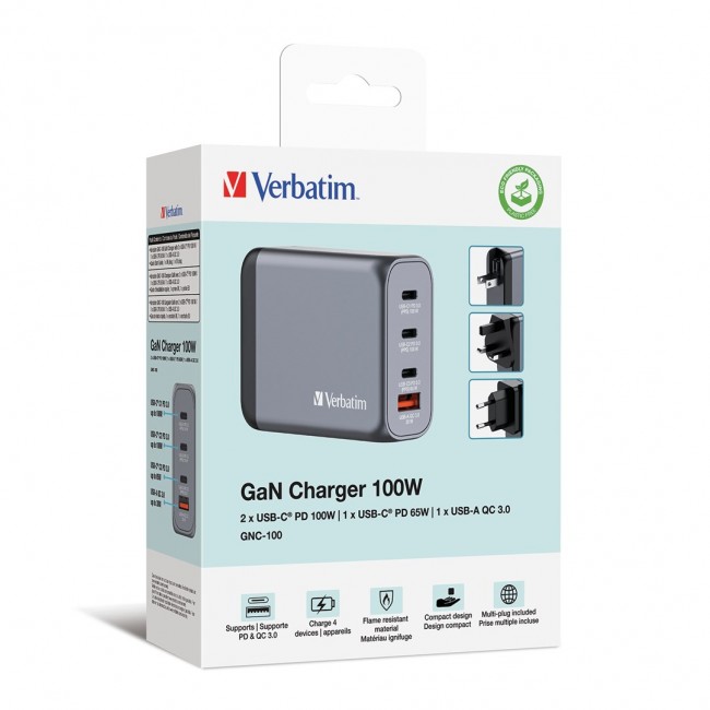 Verbatim GNC-100 GaN Charger 4 Port 100W USB A/C (EU/UK/US) Verbatim GNC-100 GaN Charger 4 Port 100W USB A/C (EU/UK/US)
