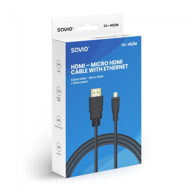 Savio CL-40/M HDMI (M) - micro HDMI (M) cable with Ethernet, 2m, Black
