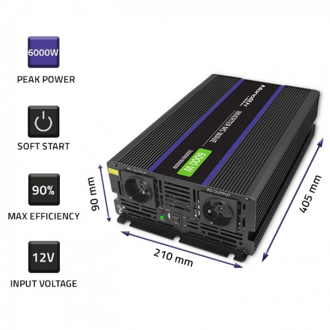 Qoltec Monolith 6000 MS Wave Voltage Converter | 12V to 230V | 3000/6000W | USB