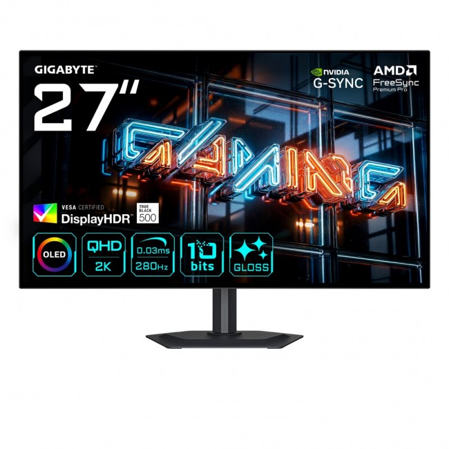 GIGABYTE MO27Q28GR 27 Glossy WOLED QHD Gaming Monitor - 2560 x 1440, 280Hz, 0.03ms, 335 cd/m , Display HDR True Black 500, HDMI 2.1, Displayport 1.4