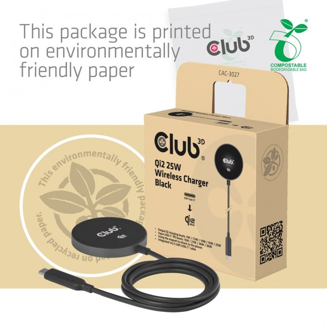 CLUB3D CAC-3027 Qi2 25W Wireless Charger Black Qi 2.2 MagSafe Compatible Magnetic Pad