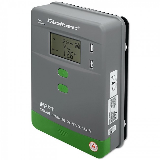Qoltec Solarny regulator adowania MPPT z czujnikiem temperatury 10A |12V / 24V | LCD | 2 x USB | Bluetooth | APP | GEL | LiFePO4