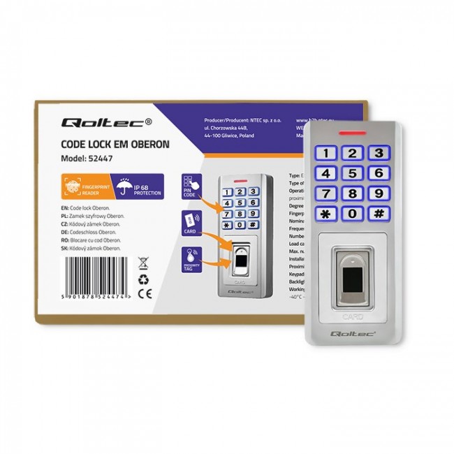 Qoltec 52447 Code lock OBERON with fingerprint reader | RFID | Code | Card | key fob | Doorbell | IP68 | EM Qoltec 52447 Code lock OBERON with fingerprint reader | RFID | Code | Card | key fob | Doorbell | IP68 | EM