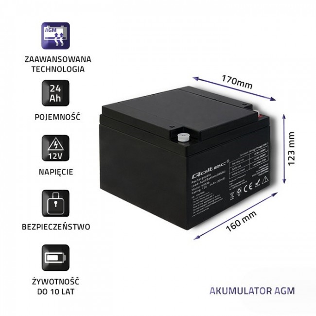 Qoltec 53036 AGM battery | 12V | 24Ah | max 360A Qoltec 53036 AGM battery | 12V | 24Ah | max 360A