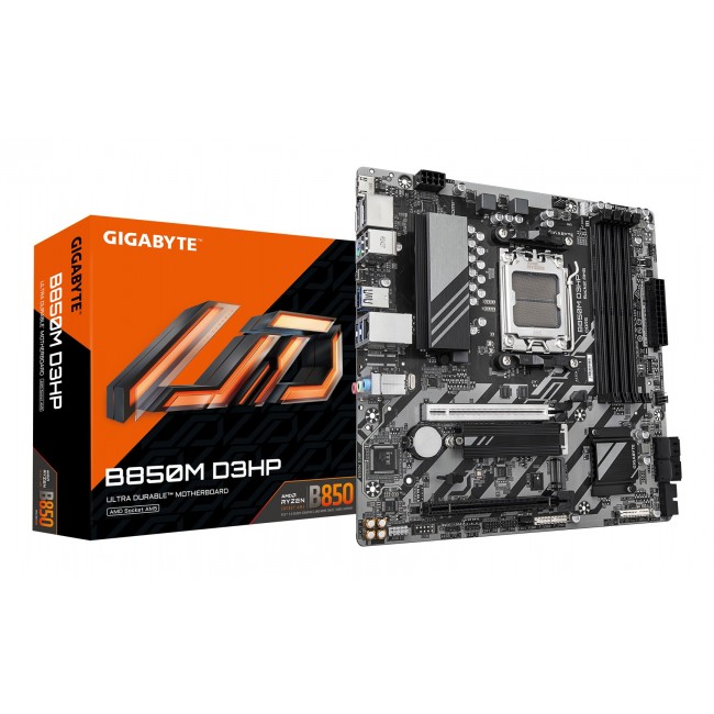 GIGABYTE B850M D3HP Motherboard - AMD Ryzen 9000 Series CPUs, 5+2+2 Phases Digital VRM, up to 8200MHz DDR5 (OC), 1xPCIe 5.0 + 1xPCIe 4.0 M.2, GbE LAN, USB 3.2 Gen 2