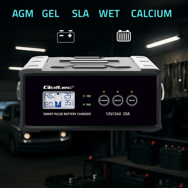Qoltec Inteligentna mikroprocesorowa adowarka 12V 24V 25A| Prostownik z funkcją naprawy do akumulatora AGM GEL SLA | LCD