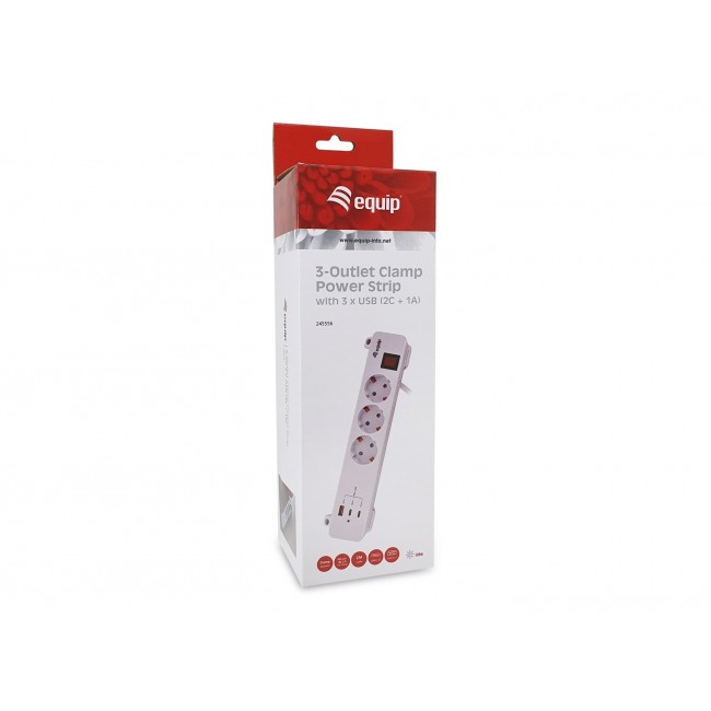 Equip 3-Outlet Clamp Power Strip with 3 x USB (2C + 1A)