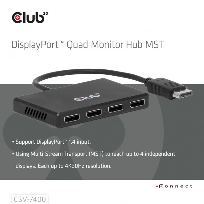 CLUB3D Quad DisplayPort Hub 4 x 4K Resolution @ 30Hz, MST Support