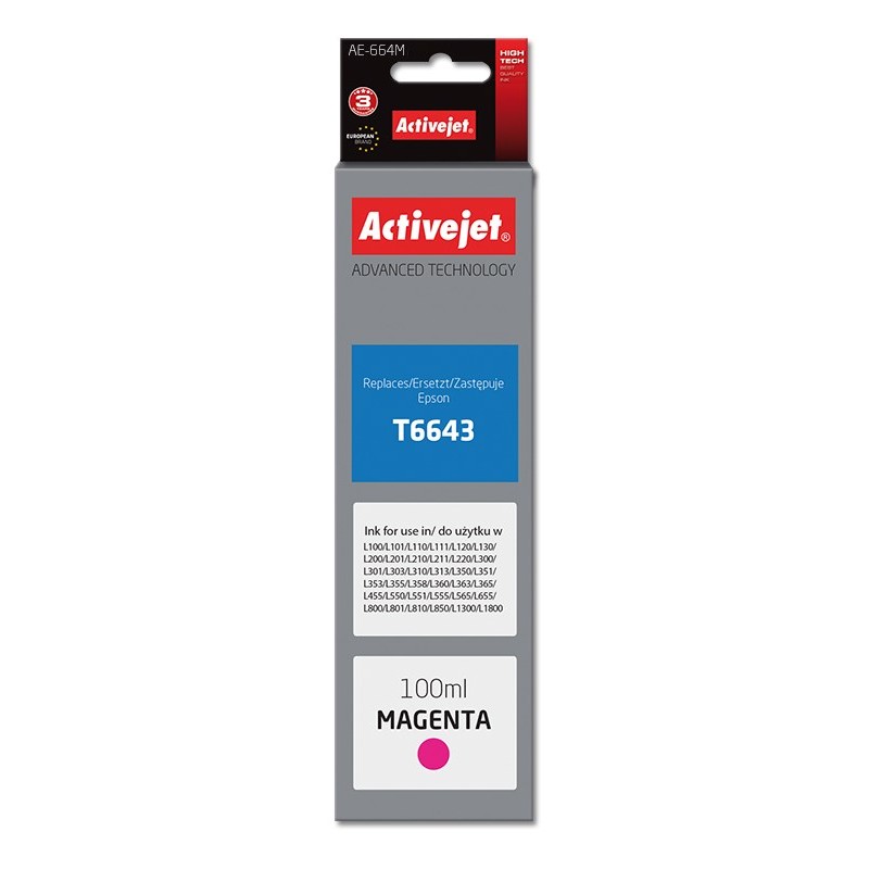 Activejet AE-664M Ink Bottle (Replacement, Epson T6643 Supreme 100 ml Magenta) Activejet AE-664M Ink Bottle (Replacement, Epson T6643 Supreme 100 ml Magenta)