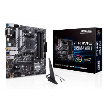 Asus | PRIME B550M-A WIFI II | Processor family AMD | Processor socket AM4 | DDR4 DIMM | Memory slots 4 | Supported hard disk drive interfaces SATA, M.2 | Number of SATA connectors 4 | Chipset AMD B550 | microATX
